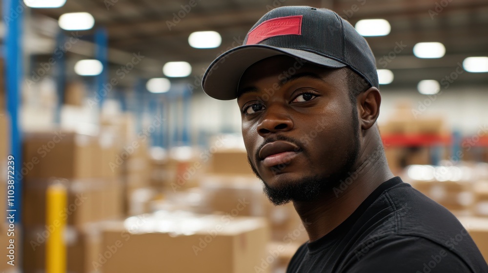 Poster focused young man in warehouse setting overseeing operations while surrounded by stacks of boxes and