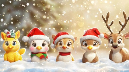 A cheerful group of animated animals in Santa hats, surrounded by snowflakes in a festive winter setting.