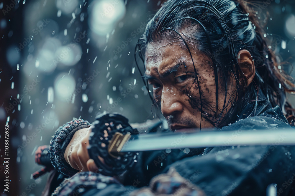 Poster portrait of a samurai in armor in attack position ai generative