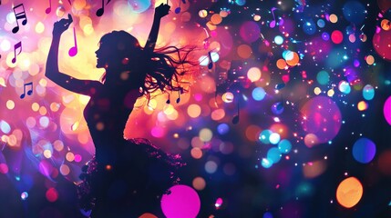 New Year's party background with colorful lights, music notes, and dancing silhouettes.