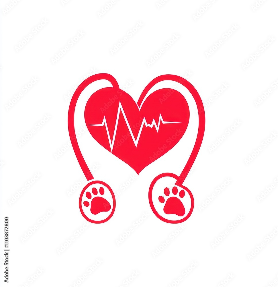 Poster here's a caption and keywords for your image.. red heart with heartbeat and paw prints, symbolizing 