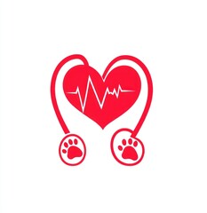 Here's a caption and keywords for your image.. Red heart with heartbeat and paw prints, symbolizing veterinary care.