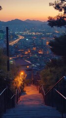 Stunning Twilight View of a Busy Cityscape from a Hillside Stroll with Dazzling Lights
