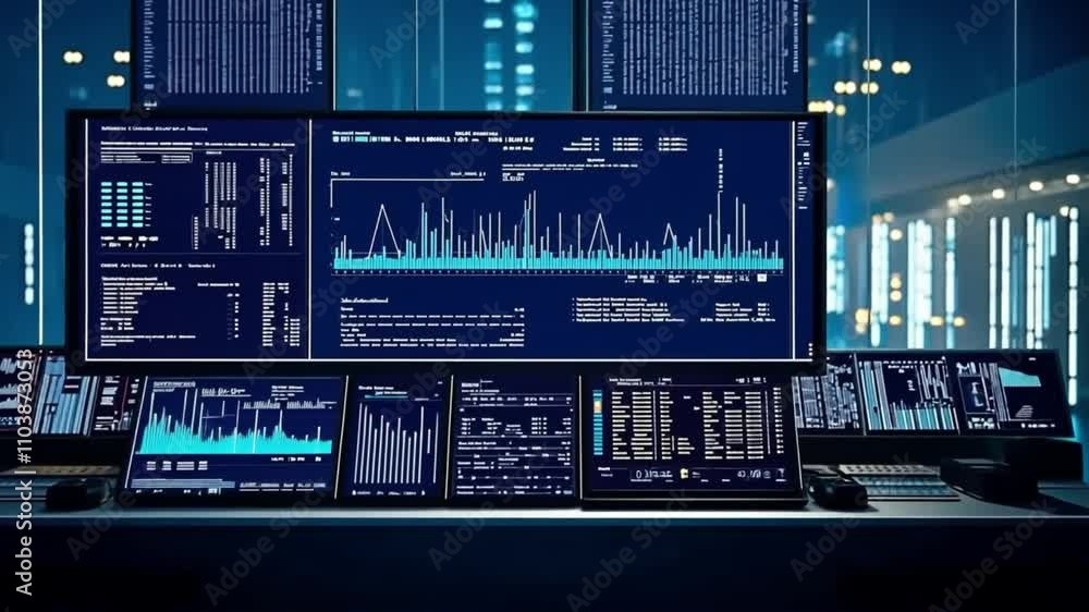 Poster digital dashboard with data analytics in a futuristic control environment. concept of precision, inn