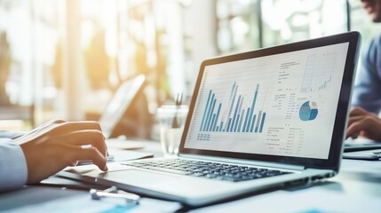 Two coworkers analyzing charts on a laptop seated at a desk in a modern bright office clean environment with natural daylight