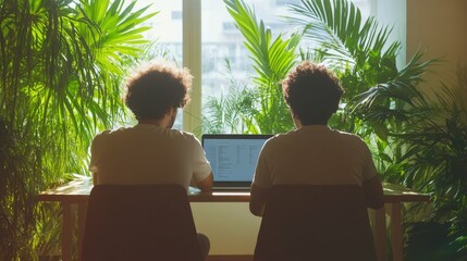 Two professionals viewed from behind analyzing data on a laptop screen modern office with green plants bright daylight business-focused environment