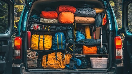 An organized packing list of camping gear essentials, ready to be loaded into a car for a trip.