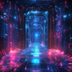 Fototapeta premium A neon blue and pink tunnel with a glowing light at the end