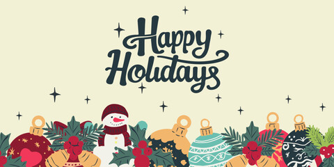 Festive hand-drawn vector illustration with holiday elements including gifts, candles, ornaments, food, and Happy Holidays text. Perfect for greeting cards, seasonal designs, and winter celebrations.