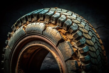 Surreal Composition of an Old Worn Black Tire with Cracks and Damaged Tread, Highlighting Textures and Depth Against a Dark Background for Artistic Exploration
