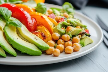 A vibrant plate of fresh vegetables and chickpeas, showcasing healthy eating.