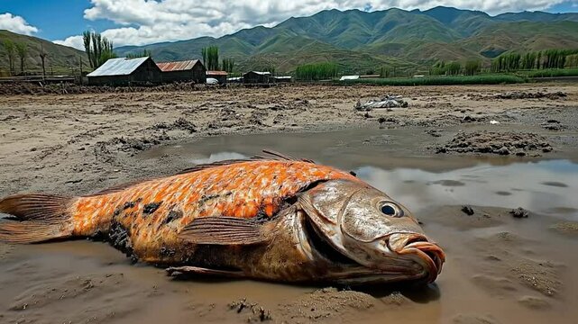 Large dead fish lying on a cracked riverbed in a drought-affected area. Concept of climate change, environmental crisis, and water scarcity.