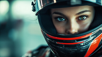 Female racing driver in full gear, intense expression, ready to race