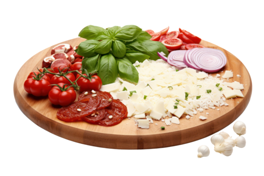 A variety of pizza toppings such as grated mozzarella cheese, pepperoni slices, fresh basil leaves, and diced onions, dramatically floating above a wooden cutting board
