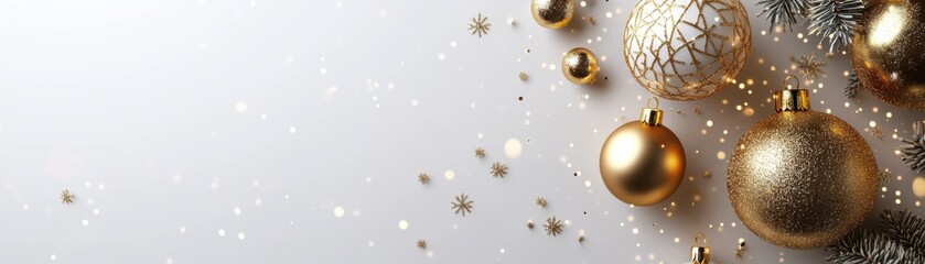 A festive arrangement of gold and silver Christmas ornaments against a light background, perfect for holiday decoration.