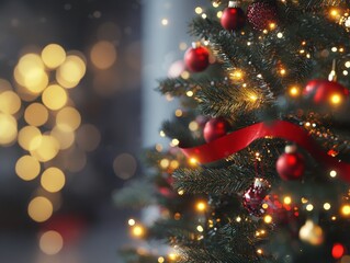 A beautifully decorated Christmas tree adorned with red ornaments and sparkling lights, creating a warm, festive atmosphere.
