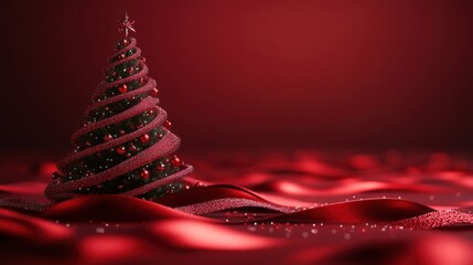 A festive Christmas tree adorned with ornaments stands prominently against a rich red backdrop, creating a warm holiday ambiance.