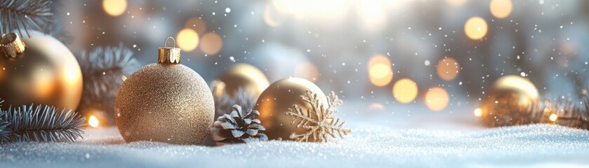 A serene winter scene featuring golden Christmas ornaments scattered on a snowy surface, with soft, glowing lights in the background.