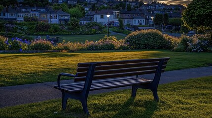 Serene sunset park bench.