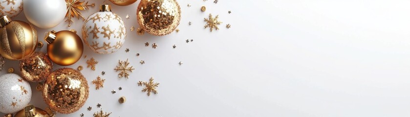 A festive arrangement of gold, white, and sparkling ornaments with snowflakes, perfect for holiday decorations.