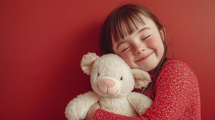 Portrait of a girl with Down syndrome hugging a stuffed animal, pure joy, minimal background