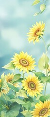 Cheerful sunflower and leaf watercolor painting in bright colors, cheerful, colors