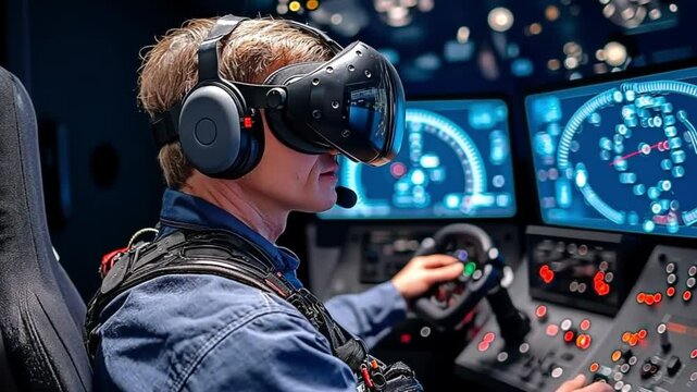 Man wearing a virtual reality headset operating a flight simulator in a control room. Concept highlights advanced technology and immersive pilot training.