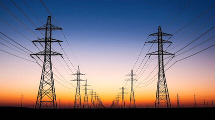 Fototapeta premium Silhouetted high voltage power lines and transmission towers against a vibrant sunset sky with a gradient from orange to blue.