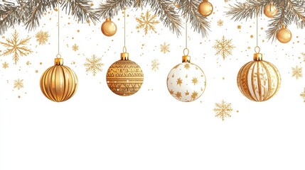 Elegant Christmas ornaments hang from a decorated branch, adorned with golden hues and snowflakes, creating a festive mood.