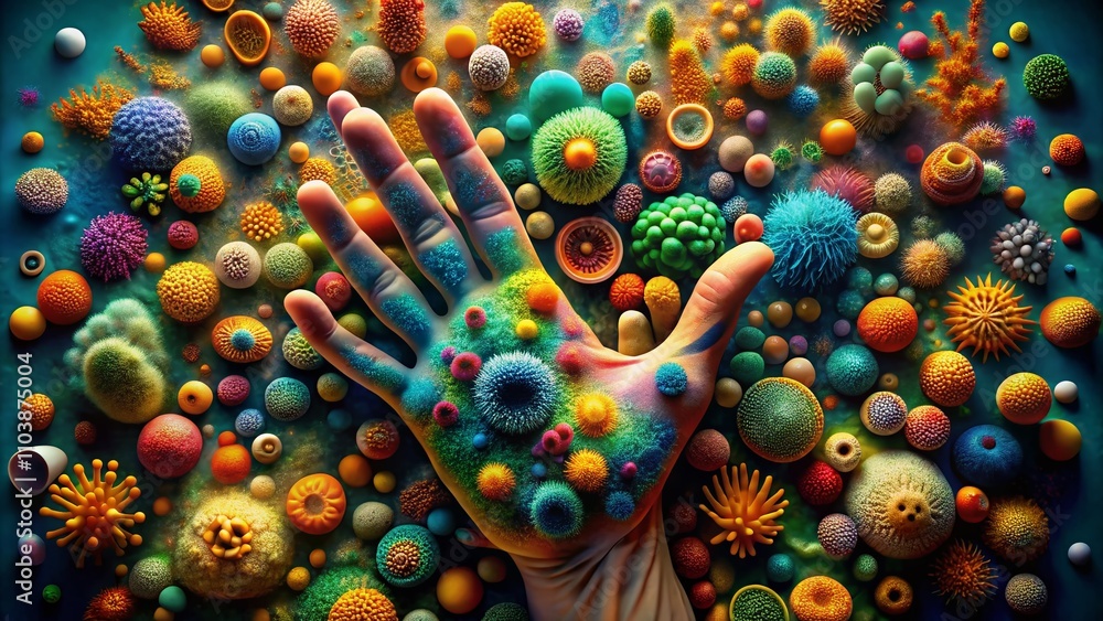 Poster surreal depiction of microscopic bacteria colonizing a human hand with abstract elements and vivid c