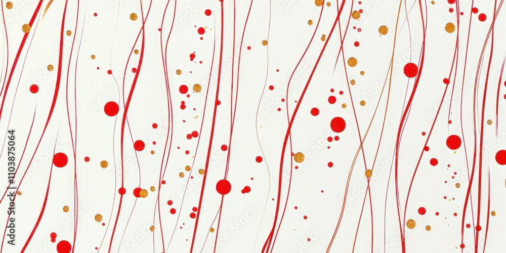 Poster minimalist design with elegant red lines and small golden dots on a white background, representing f