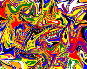 an abstract, vibrant swirl of bold colors, including red, yellow, green, blue, black, and white. The flowing, liquid-like patterns create a chaotic yet dynamic composition, evoking energy and movement
