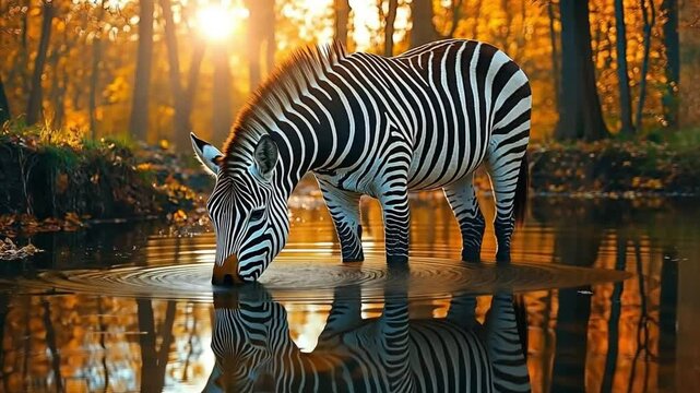Elegant zebra in an autumn forest drinking from a reflective water body. Concept explores the connection between animals and their habitats.