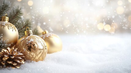 A serene winter scene featuring golden Christmas ornaments, pine cones, and soft snow, evoking a festive and cozy holiday atmosphere.