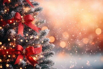A beautifully decorated Christmas tree with red ribbons and soft snowfall against a warm, glowing background.