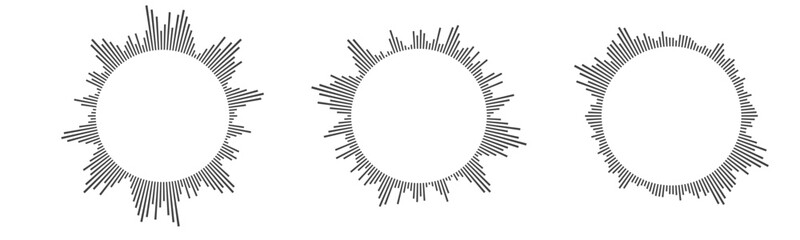 Radial sound wave concentric audio rhythm line dynamic set. Radial signal or vibration elements. Depicting audio music