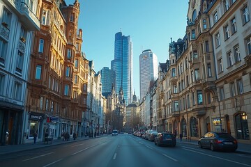 Fototapeta premium German City Street High-rises, People, and Classic Architecture
