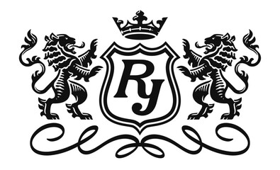 Heraldic emblem with lions, shield and crown. Royal coat of arms vector illustration