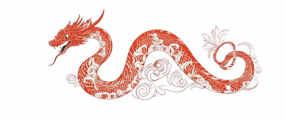 Red dragon illustration, mythical creature, intricate design, swirling patterns, white background, fantasy art, vibrant colors, Asian culture inspiration, decorative elements, bold presence