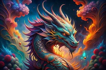 Surreal Dragon Tattoo Design on a Mystical Background, Merging Fantasy Art and Body Ink with Vibrant Colors, Perfect for Tattoo Lovers and Fantasy Enthusiasts