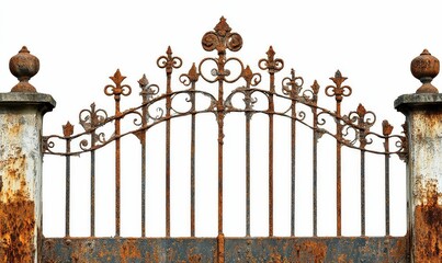 Naklejka premium Rusty ornate iron gate, weathered detail.