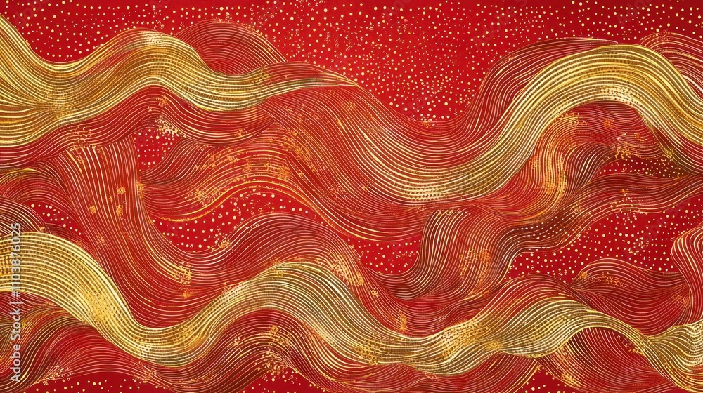 Poster red and gold lunar new year background with intertwining lines and dots, symbolizing unity and celeb