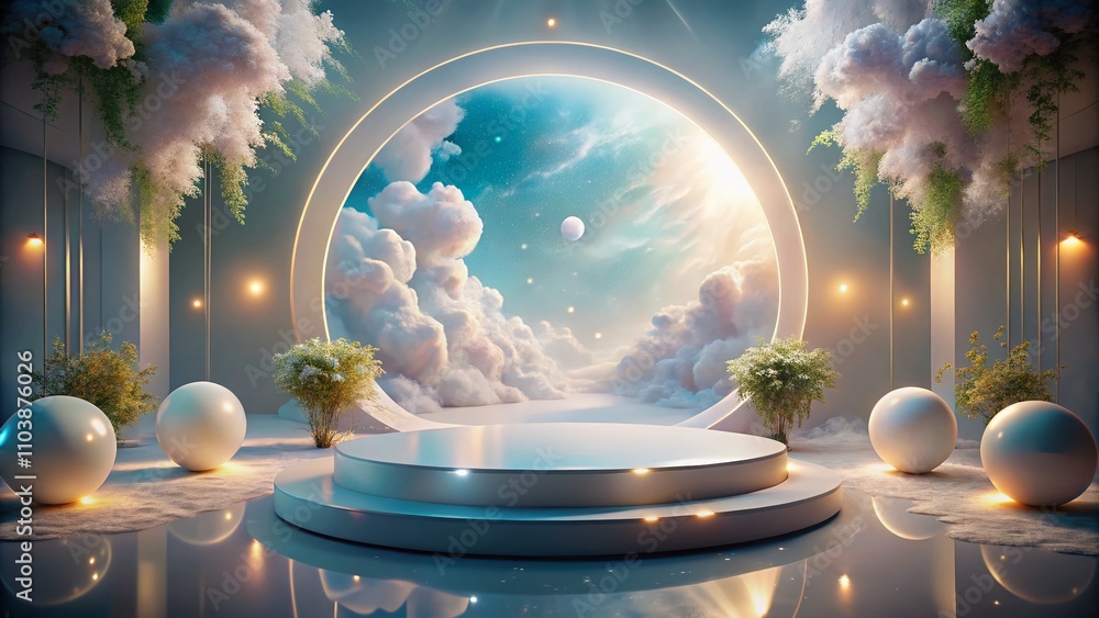 Poster surreal empty podium on a dreamlike stage: a round platform signifying happiness with mysterious lig