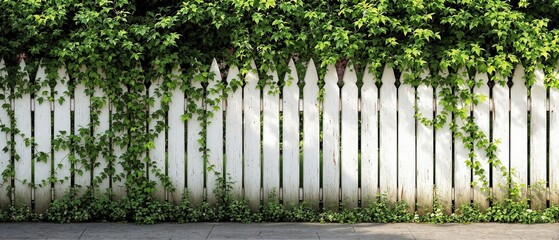 Chipped white fence entwined with climbing greenery, entwined, pattern, white fence
