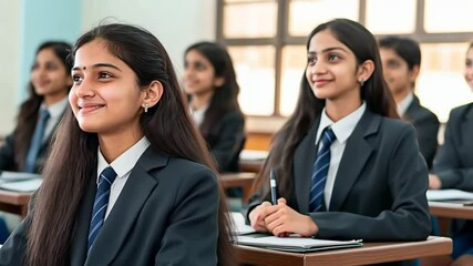Female Indian students attentively listening during a classroom session. Concept highlights education and learning in a disciplined environment.