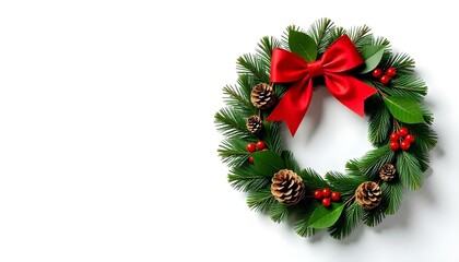 Christmas wreath, red ribbon bow, isolated on white background, clipping path. Copy the space image. A place for adding text and design. Beautiful Christmas wreaths on white background