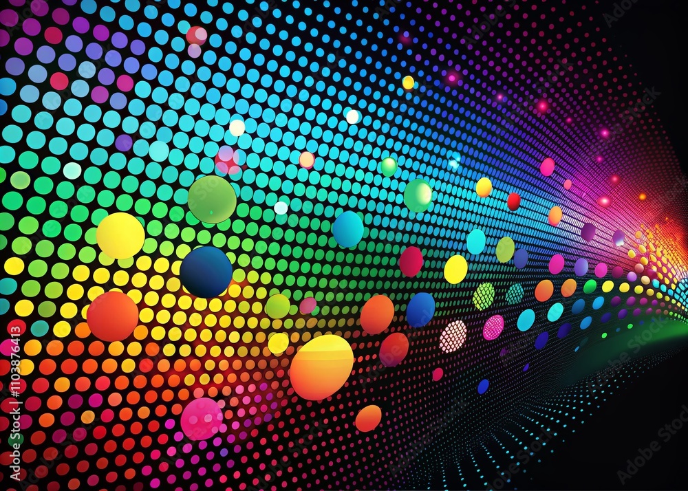 Poster surreal exploration of colorful vector dots on a black background, capturing the essence of abstract
