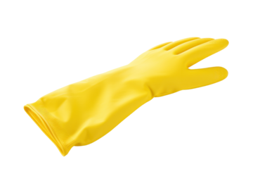 A single yellow rubber glove displayed upright against a white background, demonstrating its durable material and elastic cuff, designed for various cleaning applications.
