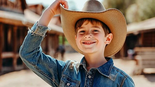 A cheerful young boy wearing a cowboy hat and denim jacket, smiling confidently in a western town setting. Concept of adventure, innocence, and the charm of rural life.