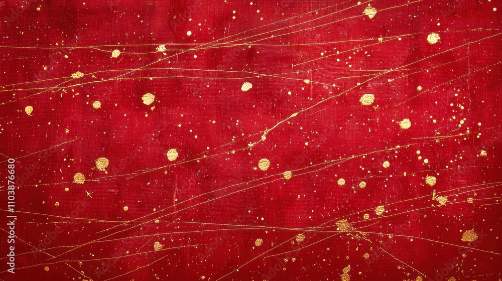 Poster lunar new year-inspired abstract background with scattered dots and fine lines in gold on a vibrant 